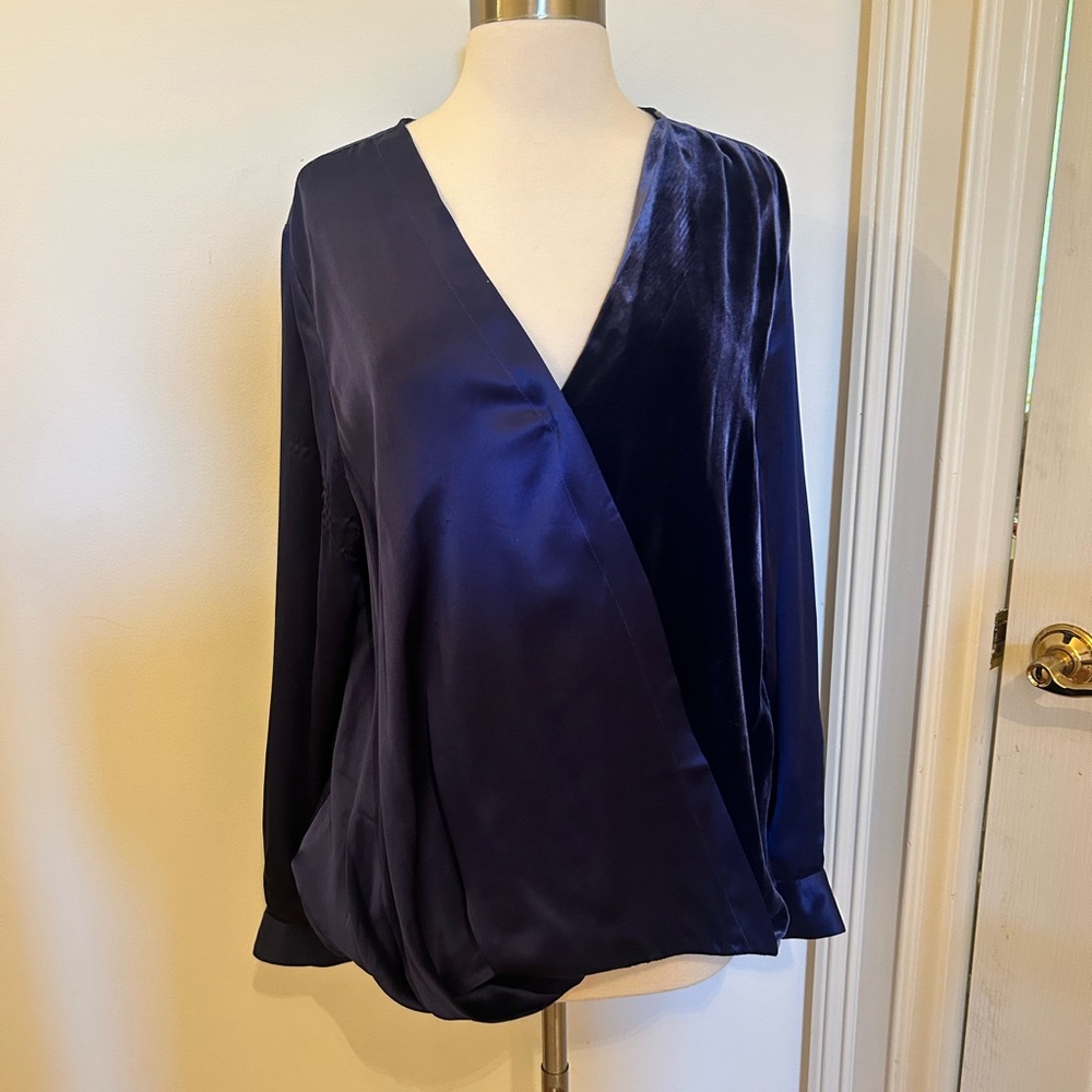 Sundance Deep Navy Satin and Velvet Surplice Long Sleeve Blouse